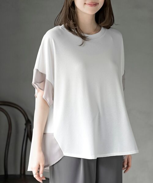 rps(アールピーエス)の「異素材切替ドルマンT(Tシャツ/カットソー・レディース・オフホワイト/グレー・フリー)」の2枚目の写真