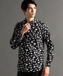 14SS モノトーンフラワーブラウス モノクロームフラワープリント ピンタックフレンチスリーブブラウス