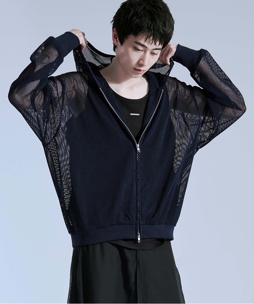 Ellno Loset(エルノロゼット)の「フィンガーホールツキダブルジップメッシュフーディ(パーカー・メンズ・ネイビー/ブラック/グレー・SMALL/LARGE/MEDIUM)」の3枚目の写真
