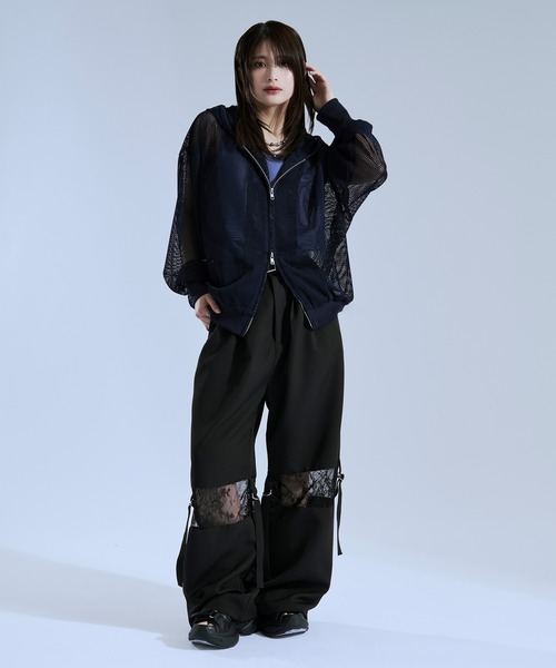 Ellno Loset(エルノロゼット)の「フィンガーホールツキダブルジップメッシュフーディ(パーカー・メンズ・ネイビー/ブラック/グレー・SMALL/LARGE/MEDIUM)」の5枚目の写真