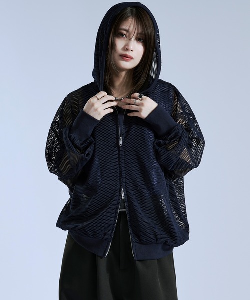 Ellno Loset(エルノロゼット)の「フィンガーホールツキダブルジップメッシュフーディ(パーカー・メンズ・ネイビー/ブラック/グレー・SMALL/LARGE/MEDIUM)」の13枚目の写真