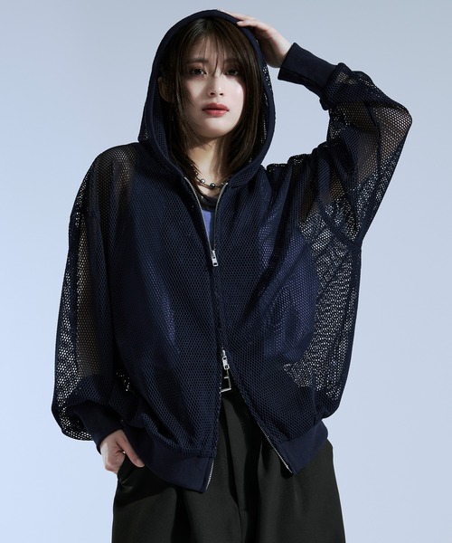 Ellno Loset(エルノロゼット)の「フィンガーホールツキダブルジップメッシュフーディ(パーカー・メンズ・ネイビー/ブラック/グレー・SMALL/LARGE/MEDIUM)」の12枚目の写真