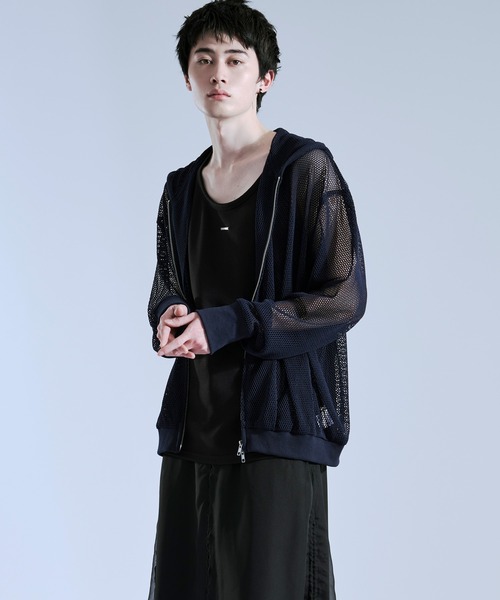Ellno Loset(エルノロゼット)の「フィンガーホールツキダブルジップメッシュフーディ(パーカー・メンズ・ネイビー/ブラック/グレー・SMALL/LARGE/MEDIUM)」の8枚目の写真
