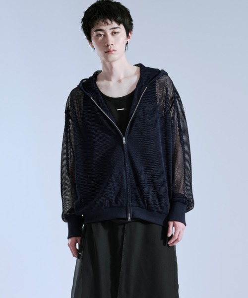 Ellno Loset(エルノロゼット)の「フィンガーホールツキダブルジップメッシュフーディ(パーカー・メンズ・ネイビー/ブラック/グレー・SMALL/LARGE/MEDIUM)」の6枚目の写真