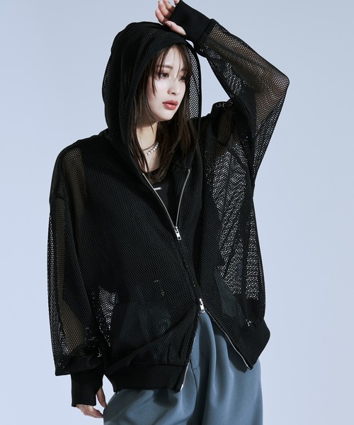 Ellno Loset(エルノロゼット)の「フィンガーホールツキダブルジップメッシュフーディ(パーカー・メンズ・ネイビー/ブラック/グレー・SMALL/LARGE/MEDIUM)」の21枚目の写真
