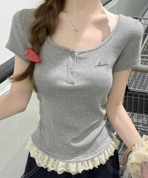 裾レースフリル ヘンリーネック 半袖リブカットソー