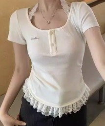 裾レースフリル ヘンリーネック 半袖リブカットソー