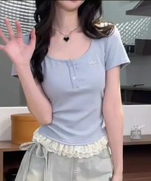 裾レースフリル ヘンリーネック 半袖リブカットソー