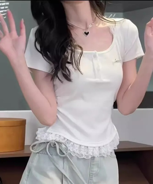 SHEPP(シープ)の「裾レースフリル ヘンリーネック 半袖リブカットソー(Tシャツ/カットソー・レディース・ホワイト/グレー/サックスブルー・S/M)」の9枚目の写真