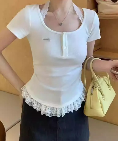 SHEPP(シープ)の「裾レースフリル ヘンリーネック 半袖リブカットソー(Tシャツ/カットソー・レディース・ホワイト/グレー/サックスブルー・S/M)」の10枚目の写真