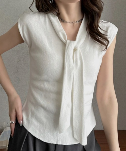 Eclat one(エクラワン)の「【Eclat one】タイデザイン フレンチスリーブ カットソー ◎(Tシャツ/カットソー・レディース・ホワイト/ブラック/ベージュ・FREE)」の2枚目の写真