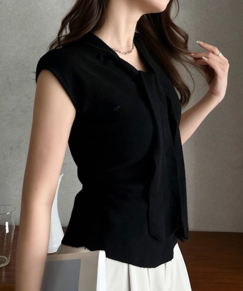 Eclat one(エクラワン)の「【Eclat one】タイデザイン フレンチスリーブ カットソー ◎(Tシャツ/カットソー・レディース・ホワイト/ブラック/ベージュ・FREE)」の1枚目の写真