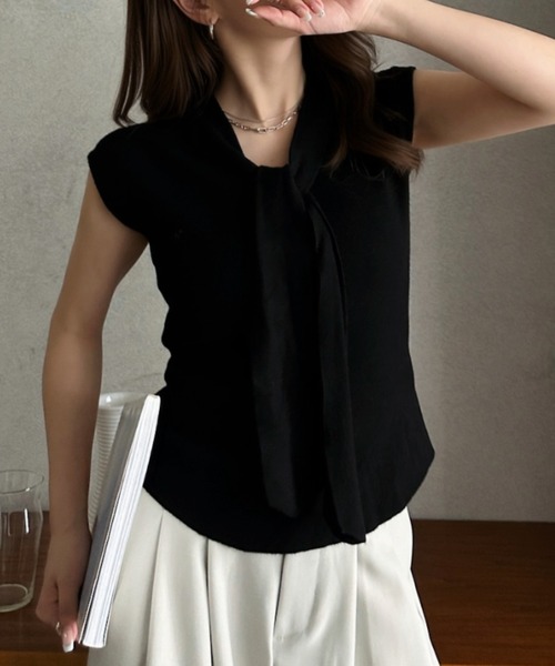 Eclat one(エクラワン)の「【Eclat one】タイデザイン フレンチスリーブ カットソー ◎(Tシャツ/カットソー・レディース・ホワイト/ブラック/ベージュ・FREE)」の11枚目の写真