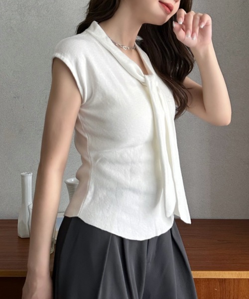 Eclat one(エクラワン)の「【Eclat one】タイデザイン フレンチスリーブ カットソー ◎(Tシャツ/カットソー・レディース・ホワイト/ブラック/ベージュ・FREE)」の5枚目の写真