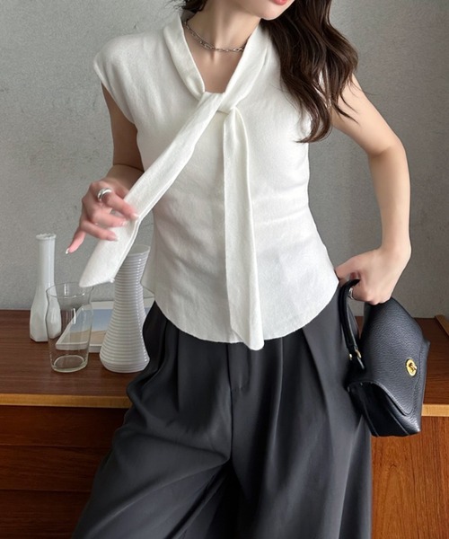 Eclat one(エクラワン)の「【Eclat one】タイデザイン フレンチスリーブ カットソー ◎(Tシャツ/カットソー・レディース・ホワイト/ブラック/ベージュ・FREE)」の6枚目の写真
