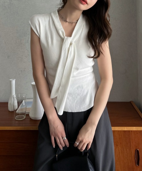 Eclat one(エクラワン)の「【Eclat one】タイデザイン フレンチスリーブ カットソー ◎(Tシャツ/カットソー・レディース・ホワイト/ブラック/ベージュ・FREE)」の8枚目の写真