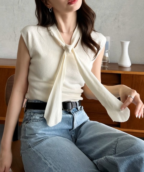 Eclat one(エクラワン)の「【Eclat one】タイデザイン フレンチスリーブ カットソー ◎(Tシャツ/カットソー・レディース・ホワイト/ブラック/ベージュ・FREE)」の17枚目の写真