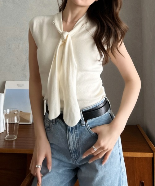 Eclat one(エクラワン)の「【Eclat one】タイデザイン フレンチスリーブ カットソー ◎(Tシャツ/カットソー・レディース・ホワイト/ブラック/ベージュ・FREE)」の18枚目の写真