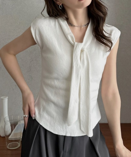 Eclat one(エクラワン)の「【Eclat one】タイデザイン フレンチスリーブ カットソー ◎(Tシャツ/カットソー・レディース・ホワイト/ブラック/ベージュ・FREE)」の4枚目の写真