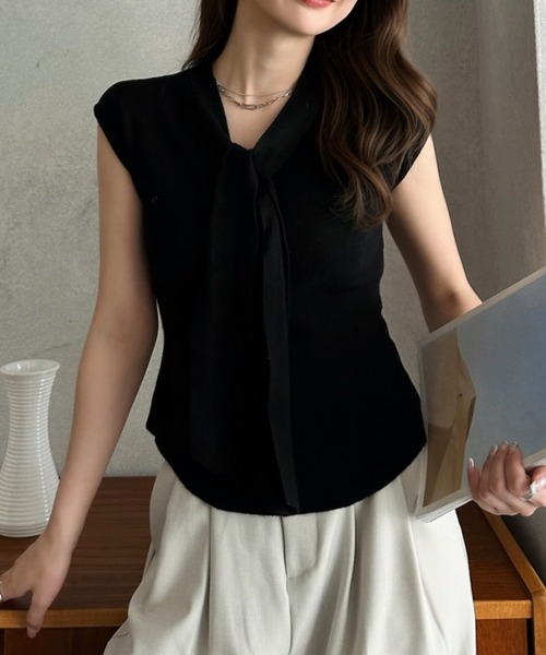 Eclat one(エクラワン)の「【Eclat one】タイデザイン フレンチスリーブ カットソー ◎(Tシャツ/カットソー・レディース・ホワイト/ブラック/ベージュ・FREE)」の10枚目の写真