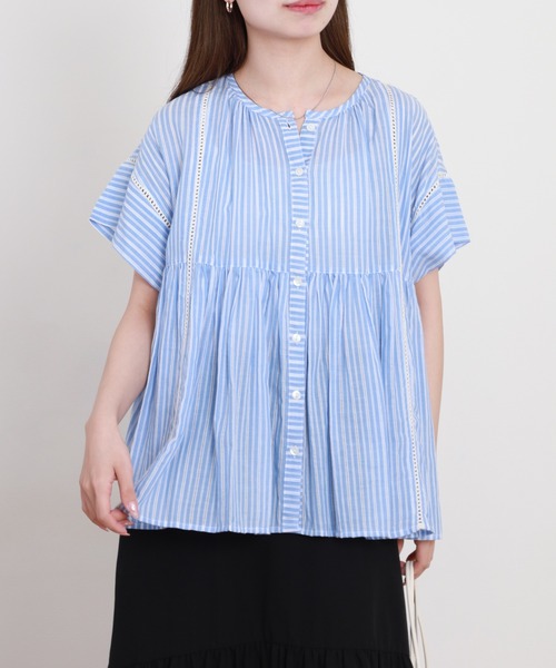 EGLANTINE（エグランティーヌ）の「EGLANTINE コットンブラウス半袖（シャツ/ブラウス・レディース・ネイビー/ストライプ/ライム・40）」の3枚目の写真
