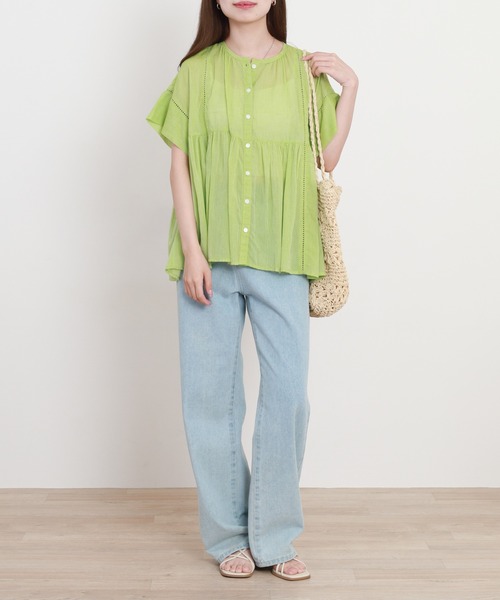 EGLANTINE（エグランティーヌ）の「EGLANTINE コットンブラウス半袖（シャツ/ブラウス・レディース・ネイビー/ストライプ/ライム・40）」の9枚目の写真