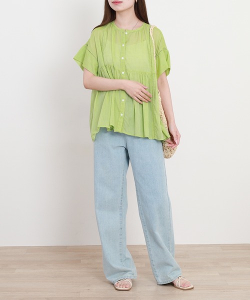 EGLANTINE（エグランティーヌ）の「EGLANTINE コットンブラウス半袖（シャツ/ブラウス・レディース・ネイビー/ストライプ/ライム・40）」の10枚目の写真