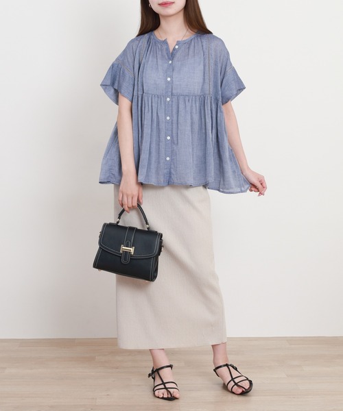EGLANTINE（エグランティーヌ）の「EGLANTINE コットンブラウス半袖（シャツ/ブラウス・レディース・ネイビー/ストライプ/ライム・40）」の16枚目の写真