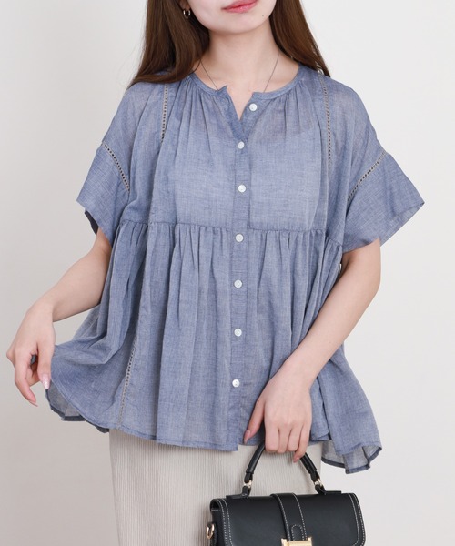 EGLANTINE（エグランティーヌ）の「EGLANTINE コットンブラウス半袖（シャツ/ブラウス・レディース・ネイビー/ストライプ/ライム・40）」の12枚目の写真