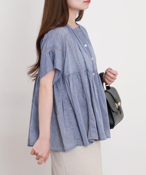 EGLANTINE（エグランティーヌ）の「EGLANTINE コットンブラウス半袖（シャツ/ブラウス・レディース・ネイビー/ストライプ/ライム・40）」の14枚目の写真