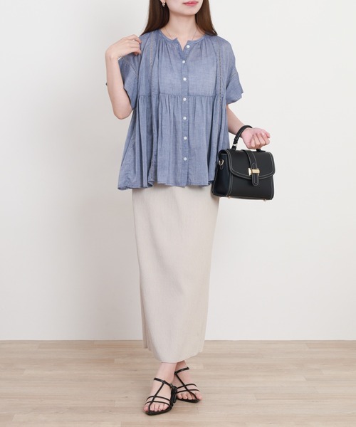 EGLANTINE（エグランティーヌ）の「EGLANTINE コットンブラウス半袖（シャツ/ブラウス・レディース・ネイビー/ストライプ/ライム・40）」の15枚目の写真