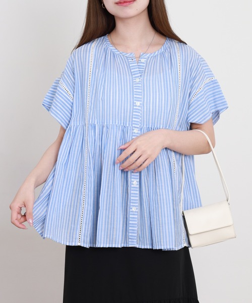 EGLANTINE（エグランティーヌ）の「EGLANTINE コットンブラウス半袖（シャツ/ブラウス・レディース・ネイビー/ストライプ/ライム・40）」の17枚目の写真