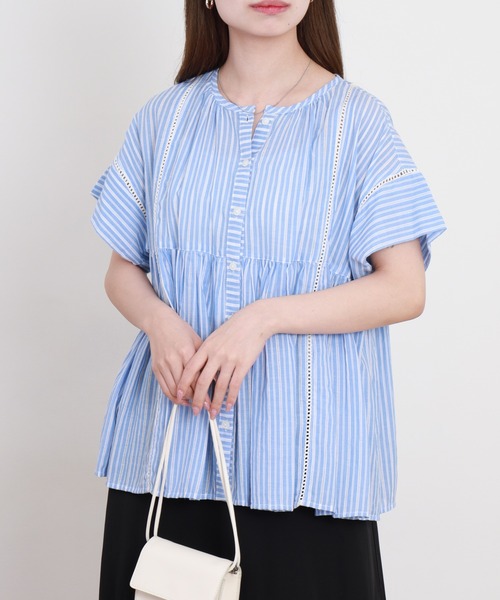 EGLANTINE（エグランティーヌ）の「EGLANTINE コットンブラウス半袖（シャツ/ブラウス・レディース・ネイビー/ストライプ/ライム・40）」の20枚目の写真