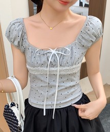 2WAY フレンチガーリー ドット レース リボン ギャザー オフショル トップス 半袖