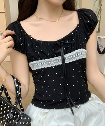 at12:03 | 2WAY フレンチガーリー ドット レース リボン ギャザー オフショル トップス 半袖(Tシャツ/カットソー)
