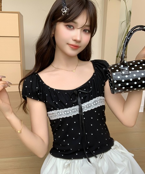 at12:03（アットイチニーゼロサン）の「2WAY フレンチガーリー ドット レース リボン ギャザー オフショル トップス 半袖（Tシャツ/カットソー・レディース・イエロー/グレー/ホワイト/ブラック/ピンク/ブルー・FREE）」の19枚目の写真