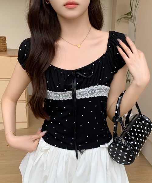 at12:03（アットイチニーゼロサン）の「2WAY フレンチガーリー ドット レース リボン ギャザー オフショル トップス 半袖（Tシャツ/カットソー・レディース・イエロー/グレー/ホワイト/ブラック/ピンク/ブルー・FREE）」の17枚目の写真