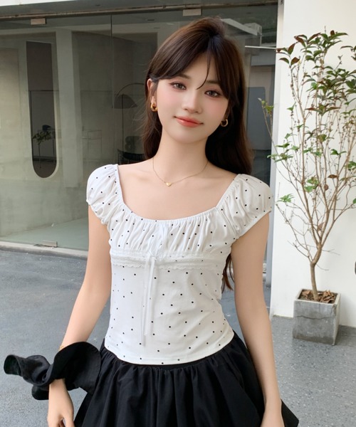at12:03（アットイチニーゼロサン）の「2WAY フレンチガーリー ドット レース リボン ギャザー オフショル トップス 半袖（Tシャツ/カットソー・レディース・イエロー/グレー/ホワイト/ブラック/ピンク/ブルー・FREE）」の12枚目の写真