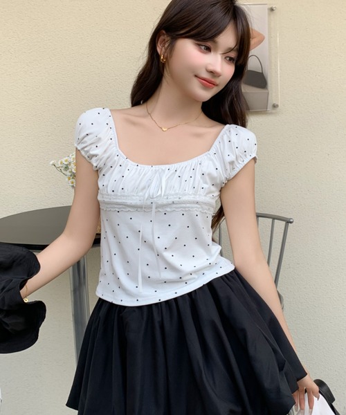 at12:03（アットイチニーゼロサン）の「2WAY フレンチガーリー ドット レース リボン ギャザー オフショル トップス 半袖（Tシャツ/カットソー・レディース・イエロー/グレー/ホワイト/ブラック/ピンク/ブルー・FREE）」の13枚目の写真