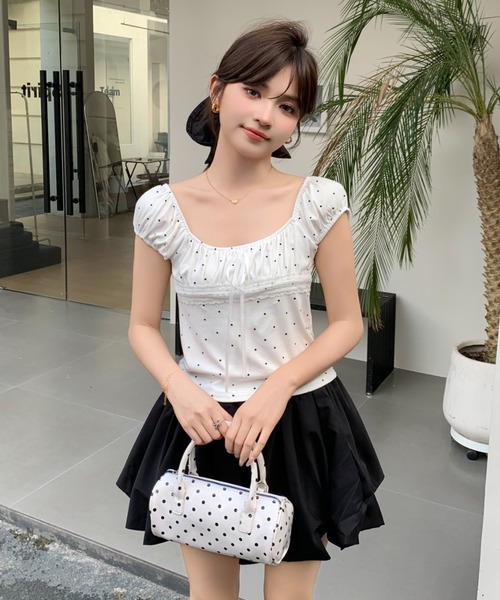 at12:03（アットイチニーゼロサン）の「2WAY フレンチガーリー ドット レース リボン ギャザー オフショル トップス 半袖（Tシャツ/カットソー・レディース・イエロー/グレー/ホワイト/ブラック/ピンク/ブルー・FREE）」の16枚目の写真