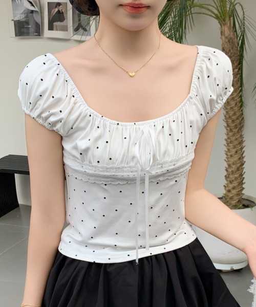 at12:03（アットイチニーゼロサン）の「2WAY フレンチガーリー ドット レース リボン ギャザー オフショル トップス 半袖（Tシャツ/カットソー・レディース・イエロー/グレー/ホワイト/ブラック/ピンク/ブルー・FREE）」の7枚目の写真