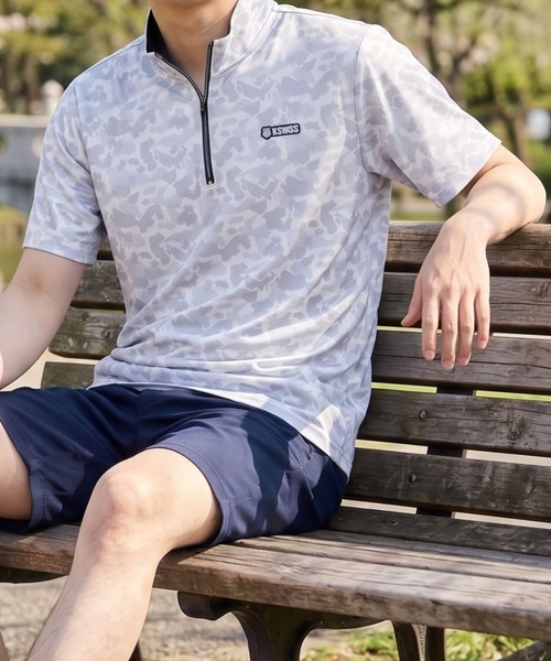 セール】【K-SWISS/ケースイス】カモフラプリントハーフZIPTシャツ（T
