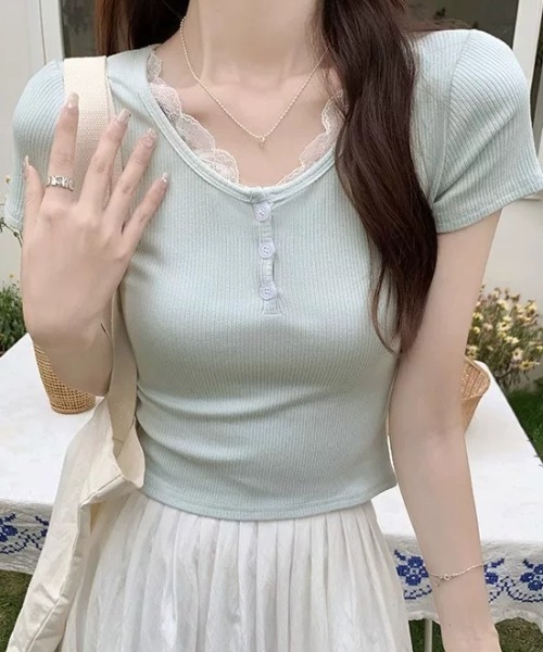 SHEPP(シープ)の「フロントボタン レーストリム ヘンリーネックリブ半袖Tシャツ(Tシャツ/カットソー・レディース・ホワイト/ミント・M/S)」の11枚目の写真