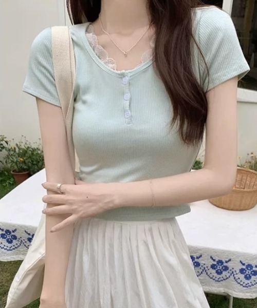 SHEPP(シープ)の「フロントボタン レーストリム ヘンリーネックリブ半袖Tシャツ(Tシャツ/カットソー・レディース・ホワイト/ミント・M/S)」の16枚目の写真