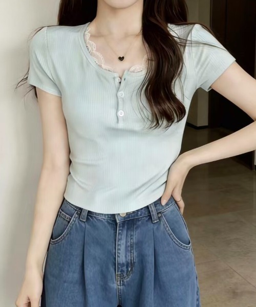 SHEPP(シープ)の「フロントボタン レーストリム ヘンリーネックリブ半袖Tシャツ(Tシャツ/カットソー・レディース・ホワイト/ミント・M/S)」の18枚目の写真