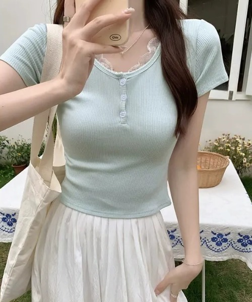 SHEPP(シープ)の「フロントボタン レーストリム ヘンリーネックリブ半袖Tシャツ(Tシャツ/カットソー・レディース・ホワイト/ミント・M/S)」の17枚目の写真