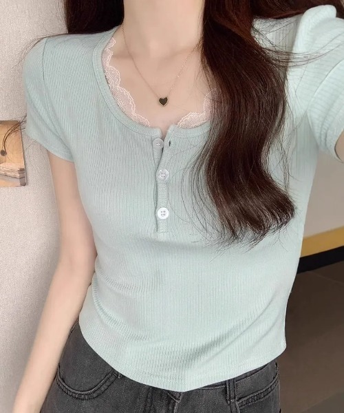 SHEPP(シープ)の「フロントボタン レーストリム ヘンリーネックリブ半袖Tシャツ(Tシャツ/カットソー・レディース・ホワイト/ミント・M/S)」の12枚目の写真