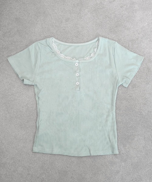 SHEPP(シープ)の「フロントボタン レーストリム ヘンリーネックリブ半袖Tシャツ(Tシャツ/カットソー・レディース・ホワイト/ミント・M/S)」の21枚目の写真