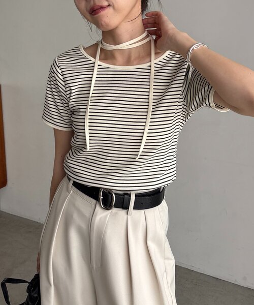 CAPRICIEUX LE'MAGE（カプリシューレマージュ）の「【前後2WAY】アシメレイヤードボーダーT（Tシャツ/カットソー・レディース・アイボリー/ブラック/チャコールグレー・FREE）」の5枚目の写真