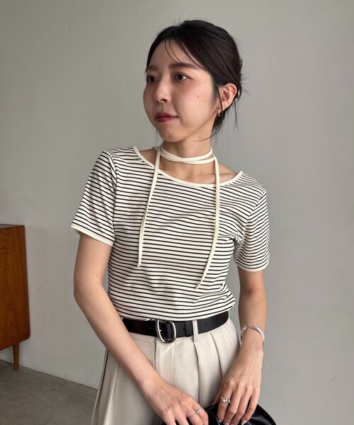 CAPRICIEUX LE'MAGE（カプリシューレマージュ）の「【前後2WAY】アシメレイヤードボーダーT（Tシャツ/カットソー・レディース・アイボリー/ブラック/チャコールグレー・FREE）」の6枚目の写真